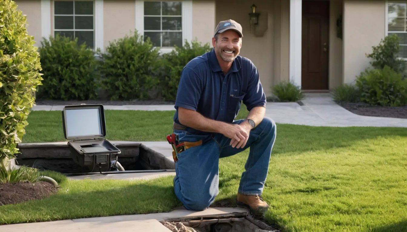 A local provider and a homeowner reviewing a sewer line camera inspection in a front yard in Highland